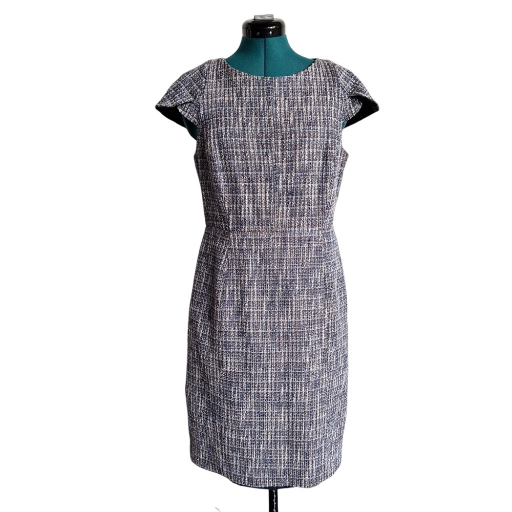 J. Crew Blue Tweed Sheath Midi Dress with Flutter Cap Sleeves